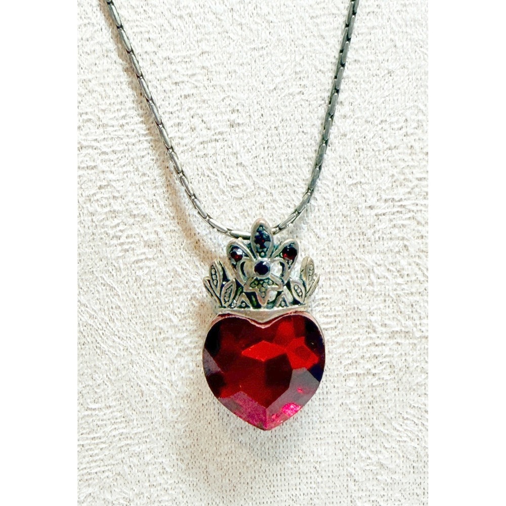 Red Glass Crowned Heart Pendant Necklace Rhinestone Silver Tone 17"